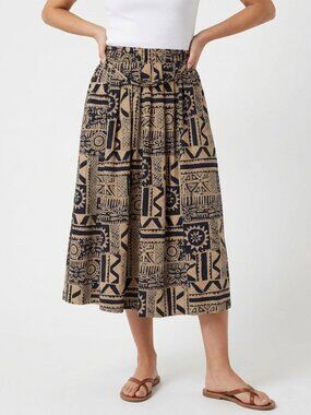 Vintage Principles Midi Tribal Print Skirt Brown Black Retro Stretch Waist 80s